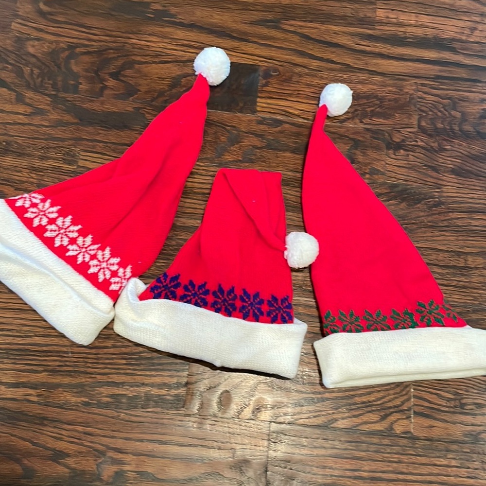 Set of 3 Red and White Knit Santa Hats with snowflakes design